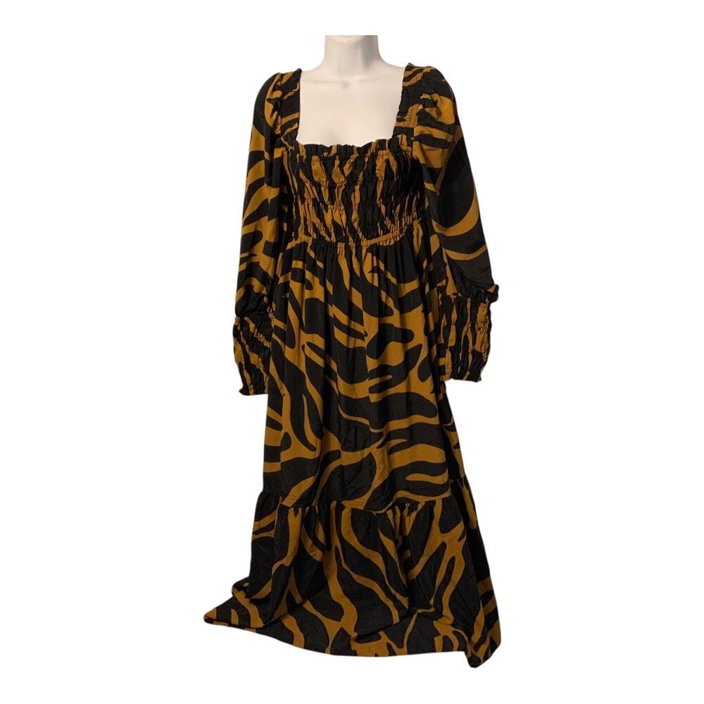 TOPSHOP Shirred Long Sleeve Maxi Dress In Black Brown Multi - Picture 8 of 14